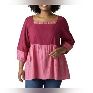 Victoria Dunn Pink Colorblock Peplum Blouse 3/4 Sleeve Square Neck Size M NWT